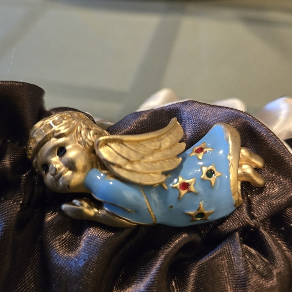 Rare Find Gold Tone Blue Angel W/ Rhinestone Halo Stars, Gold Wings Vintage 80's - Picture 11 of 12